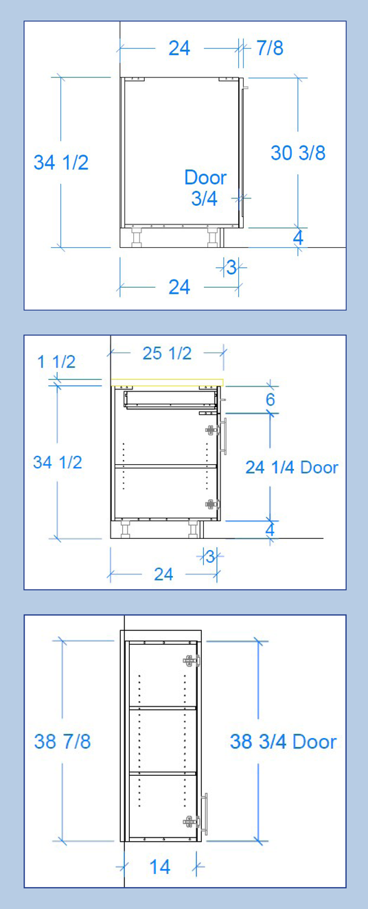 Technical drawings of door sizes with measurements on a blue background