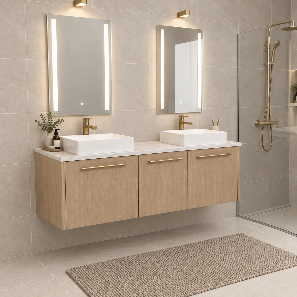 Frank Custom Floating Bathroom Vanity - Double Sinks - 60 in. - 72 in. - 84 in. - 96 in. - Wall-Mounted