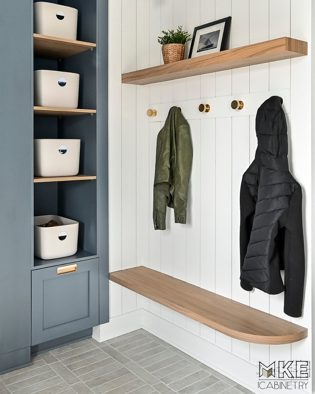 floating shelf in mudroom