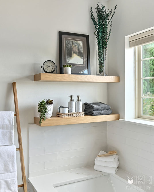 floating shelves in bathroom