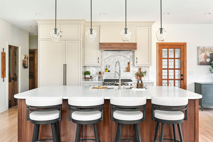 taupe and wood cabinets