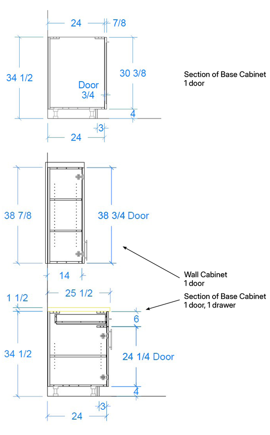 Technical drawing of cabinet dimensions with labels and measurements.